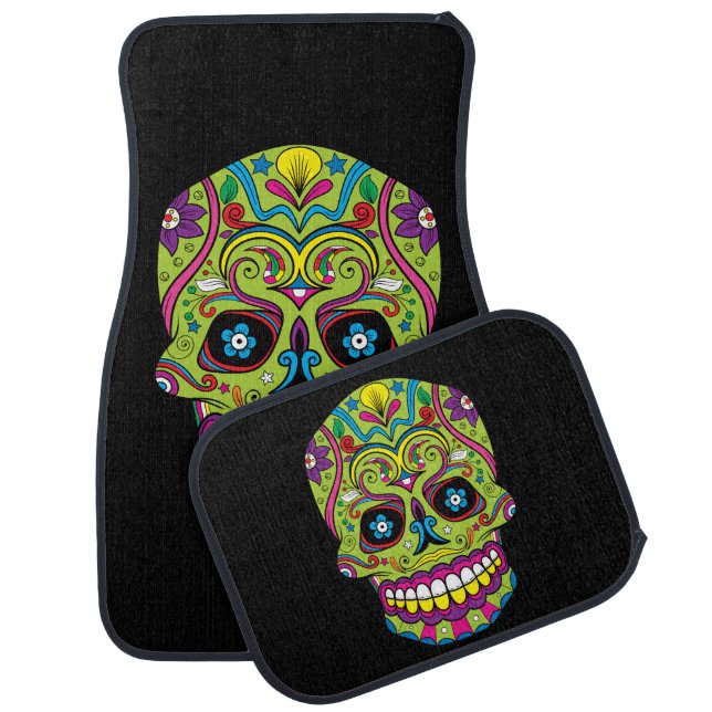Green Pink Purple Tattoo Sugar Skull Car Mat (Set)