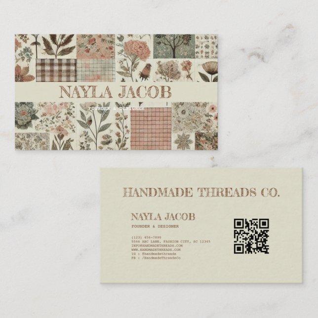 Green Pink Quilt and Patchwork Handmade Clothing  Business Card (Front/Back)