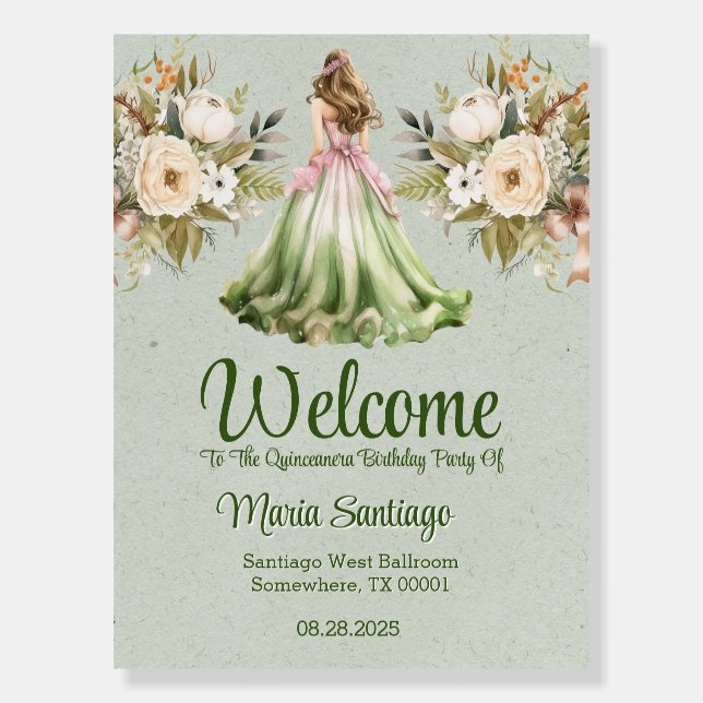Green Pink Quinceanera Birthday Party Welcome Sign (Front)