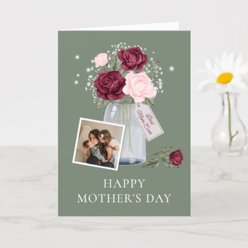 Green Pink Red Floral Photo Happy Mothers Day Card