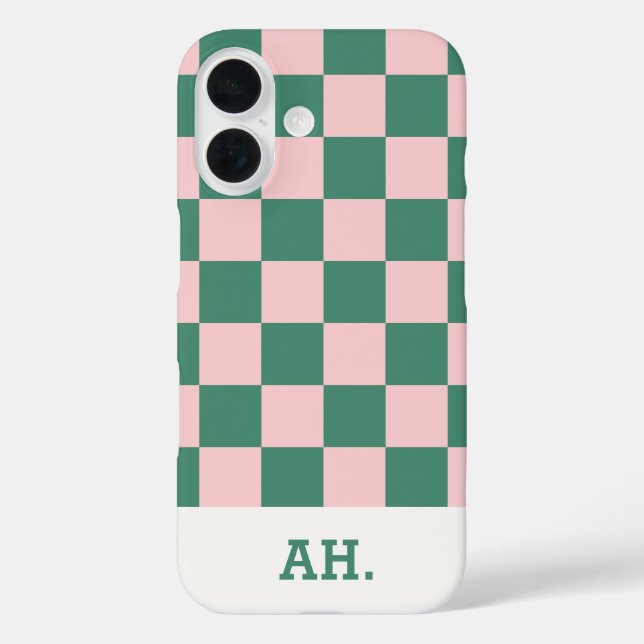 Green Pink Retro Checkered iPhone 16 case (Back)