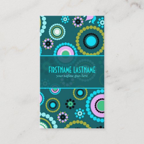 Green &amp; Pink Retro Circle And Flowers Pattern Business Cards