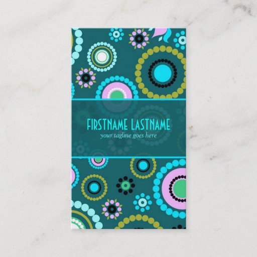 Customizable Green &amp; Pink Retro Circle And Flowers Pattern Business Cards