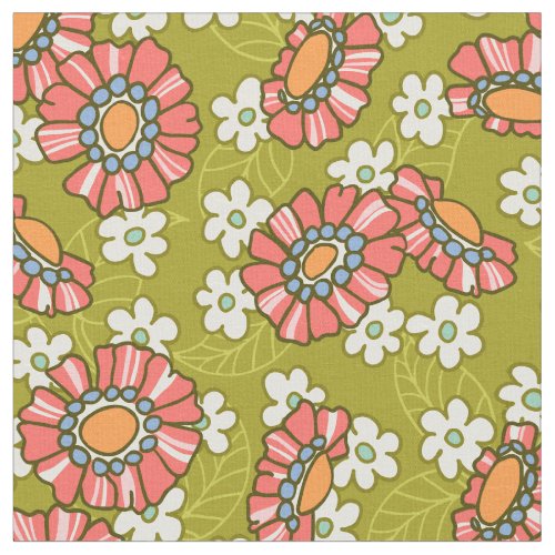 Green  Pink Retro Floral Pattern Fabric