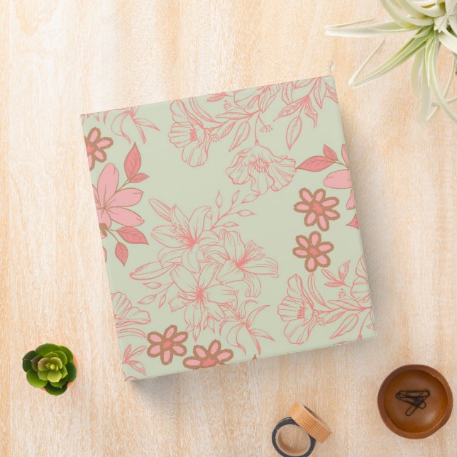 Green Pink Retro Y2K 70s Flower Pattern 3 Ring Binder (In Situ)