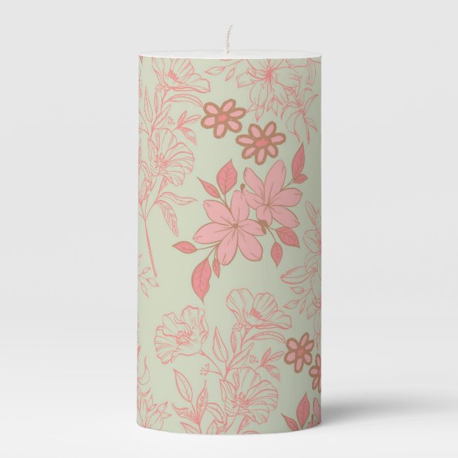 Green Pink Retro Y2K 70s Flower Pattern Pillar Candle (Front)