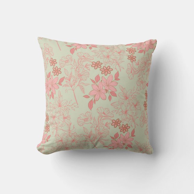 Green Pink Retro Y2K 70s Flower Pattern Throw Pillow (Front)