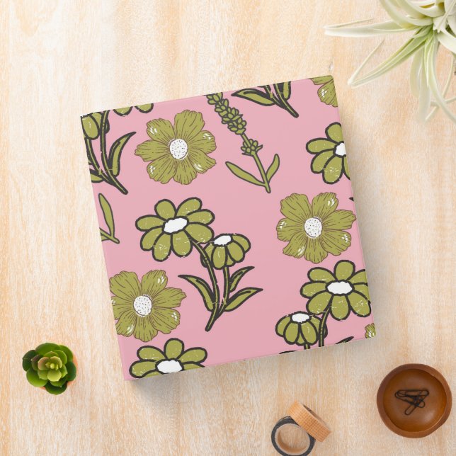 Green Pink Retro Y2K Funky Hippie Flower Pattern 3 Ring Binder (In Situ)
