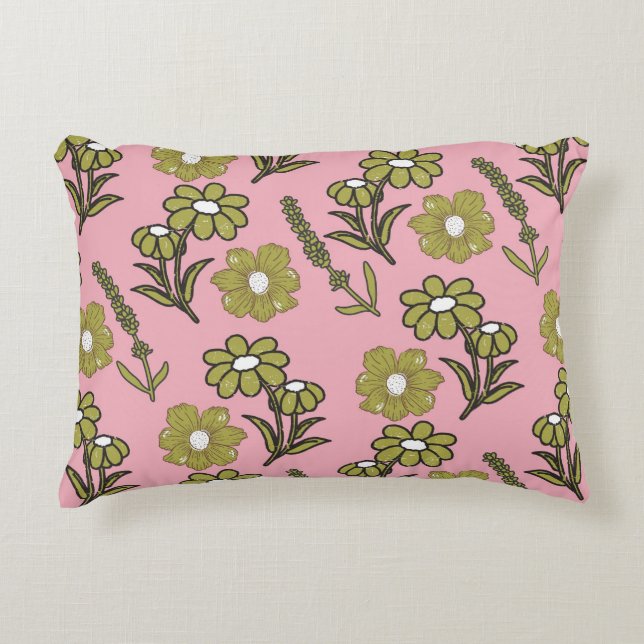 Green Pink Retro Y2K Funky Hippie Flower Pattern Accent Pillow (Front)