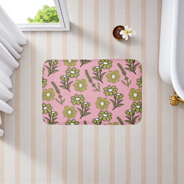 Green Pink Retro Y2K Funky Hippie Flower Pattern Bath Mat (Green Pink Retro Y2K Funky Hippie Flower Pattern Bath Mat)