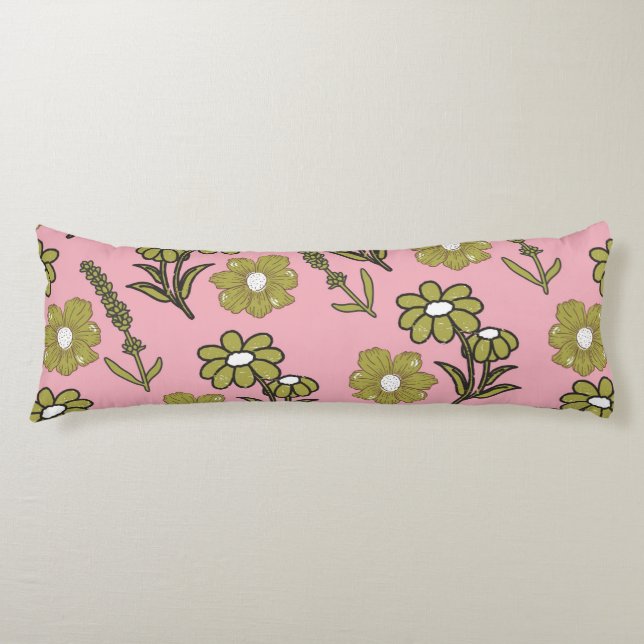 Green Pink Retro Y2K Funky Hippie Flower Pattern Body Pillow (Front)