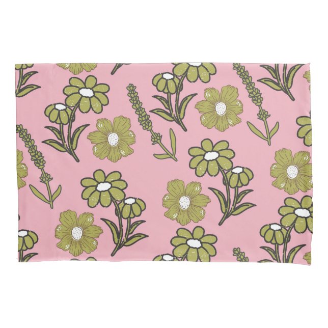 Green Pink Retro Y2K Funky Hippie Flower Pattern Pillow Case (Front)