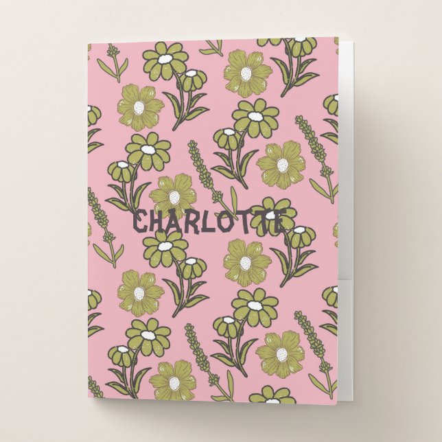 Green Pink Retro Y2K Funky Hippie Flower Pattern Pocket Folder (Front)