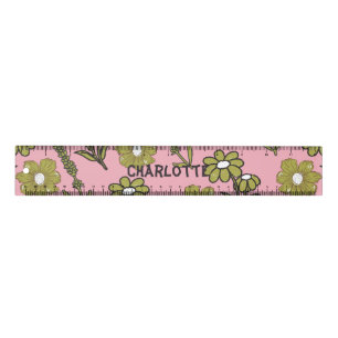Green Pink Retro Y2K Funky Hippie Flower Pattern Ruler