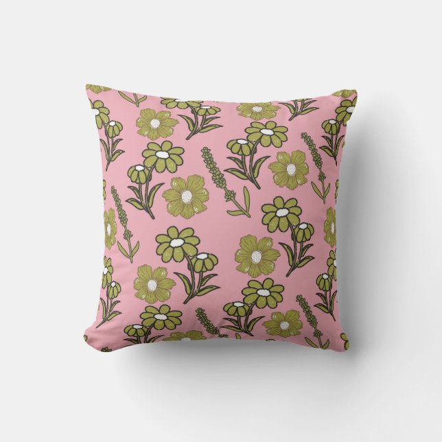 Green Pink Retro Y2K Funky Hippie Flower Pattern Throw Pillow (Front)