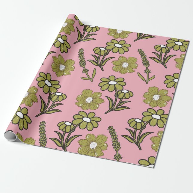 Green Pink Retro Y2K Funky Hippie Flower Pattern Wrapping Paper (Unrolled)