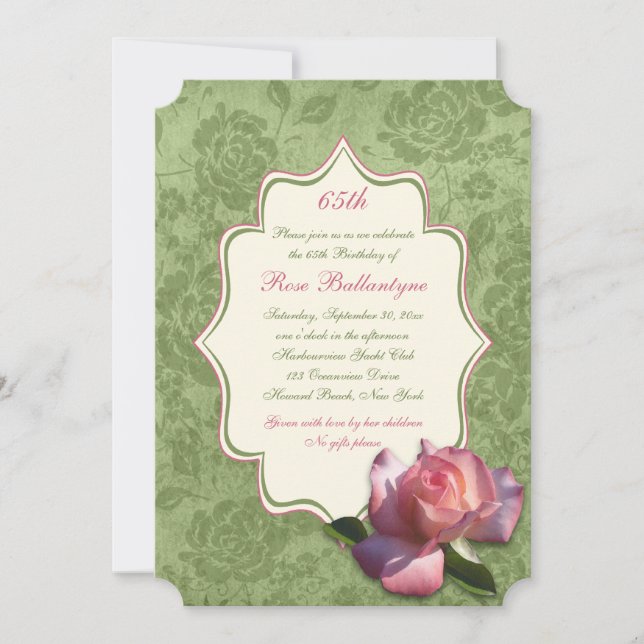 Green Pink Rose Damask 65th Birthday Invite (Front)