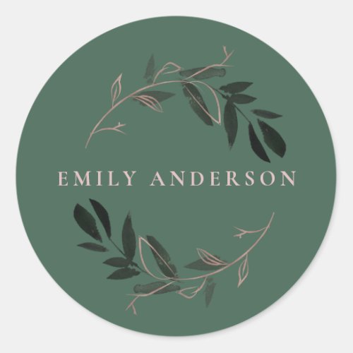 GREEN PINK ROSE GOLD FOLIAGE WREATH PROFESSIONAL CLASSIC ROUND STICKER