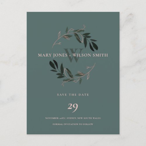 GREEN PINK ROSE GOLD FOLIAGE WREATH SAVE THE DATE ANNOUNCEMENT POSTCARD