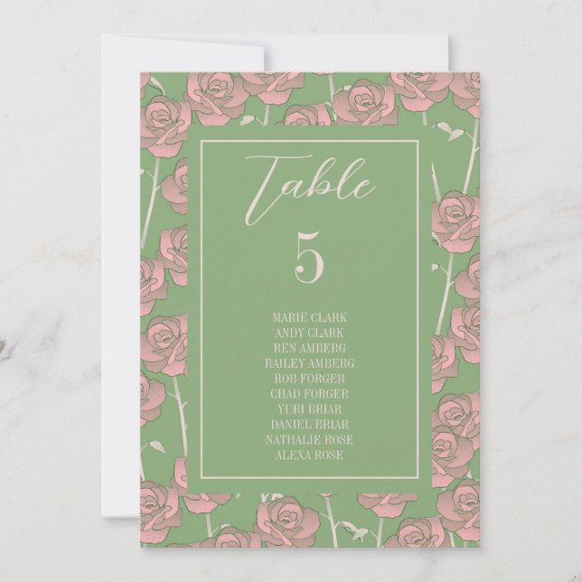 Green Pink Rose Retro Flower Pattern Seating Chart Invitation (Front)