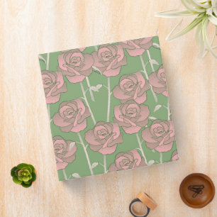 Green Pink Rose Retro Y2K 70s Flower Pattern 3 Ring Binder