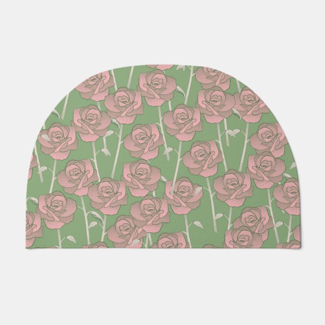 Green Pink Rose Retro Y2K 70s Flower Pattern Doormat (Front)