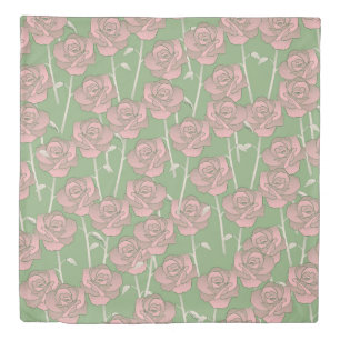 Green Pink Rose Retro Y2K 70s Flower Pattern Duvet Cover