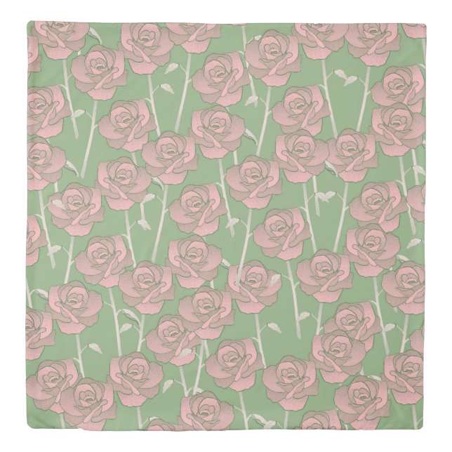 Green Pink Rose Retro Y2K 70s Flower Pattern Duvet Cover (Front)