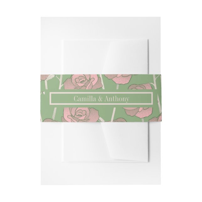 Green Pink Rose Retro Y2K 70s Flower Pattern Invitation Belly Band (Front Example)