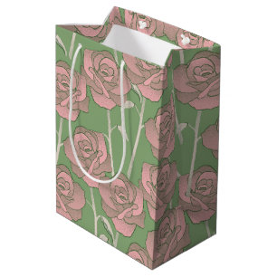 Green Pink Rose Retro Y2K 70s Flower Pattern Medium Gift Bag