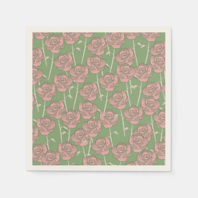 Green Pink Rose Retro Y2K 70s Flower Pattern Napkins (Front)