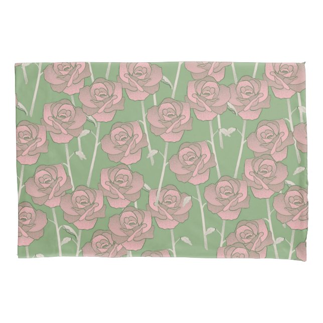 Green Pink Rose Retro Y2K 70s Flower Pattern Pillow Case (Front)