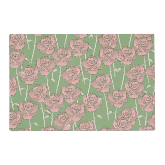 Green Pink Rose Retro Y2K 70s Flower Pattern Placemat (Front)
