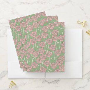 Green Pink Rose Retro Y2K 70s Flower Pattern Pocket Folder