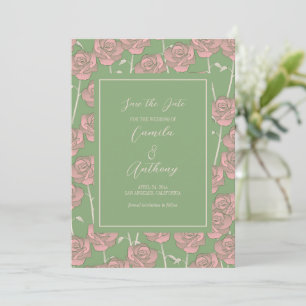 Green Pink Rose Retro Y2K 70s Flower Pattern Save The Date
