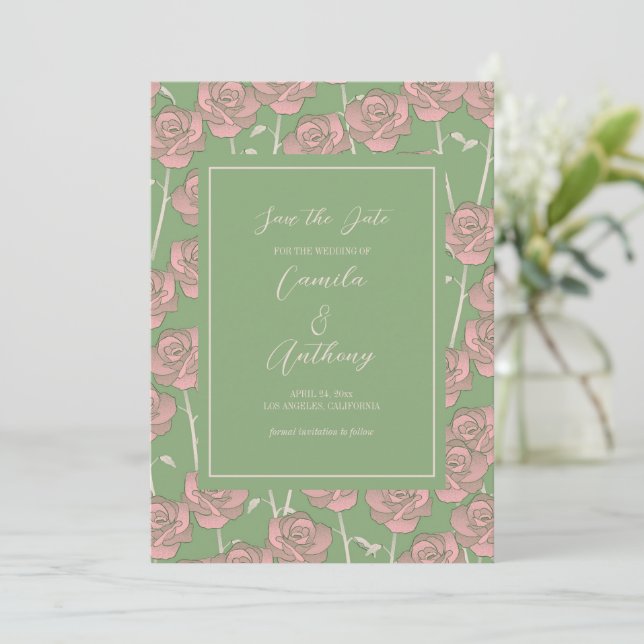 Green Pink Rose Retro Y2K 70s Flower Pattern Save The Date (Standing Front)