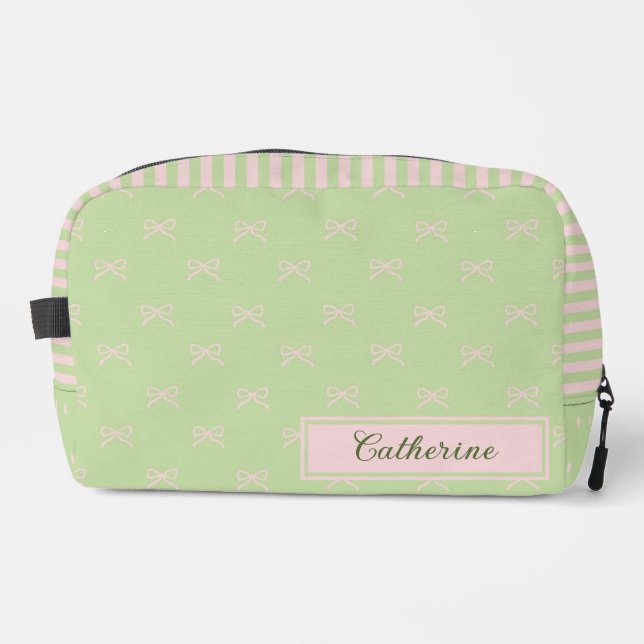 Green Pink Stripe Bow Pattern Coquette Cosmetic Dopp Kit (Front)