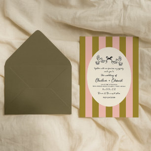 Green Pink Striped Hand drawn  Wedding  Invitation