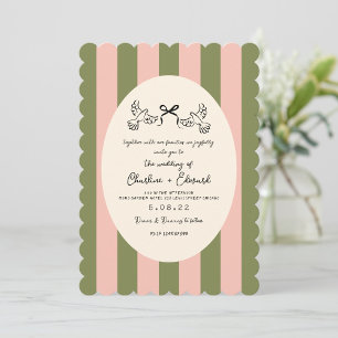Green Pink Striped Hand drawn Wedding Invitation
