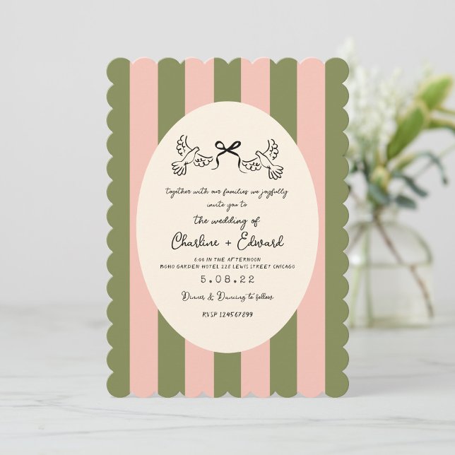 Green Pink Striped Hand drawn  Wedding  Invitation (Creator Uploaded)