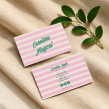 Green pink Striped script Business card