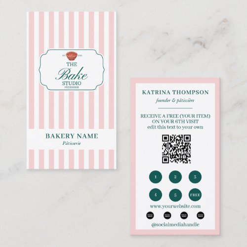 Green Pink Stripes Bakery Logo Loyalty Punch Business Card