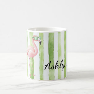 Green Pink Stripes Flamingo Birthday Coffee Mug