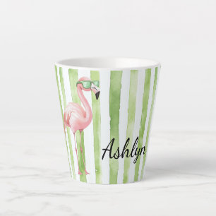 Green Pink Stripes Flamingo Birthday Latte Mug
