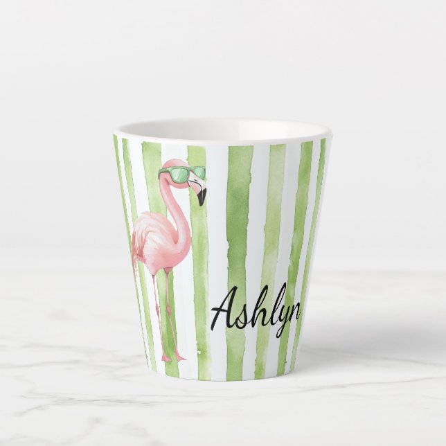 Green Pink Stripes Flamingo Birthday Latte Mug (Front)