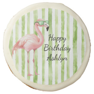 Green Pink Stripes Flamingo Birthday Sugar Cookie