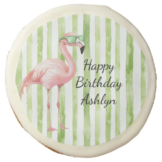 Green Pink Stripes Flamingo Birthday Sugar Cookie (Front)