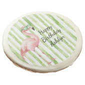 Green Pink Stripes Flamingo Birthday Sugar Cookie (Angled)