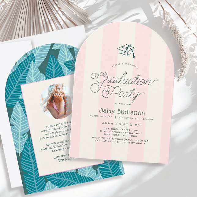 Green & Pink Stripes Palms Graduation Party Photo Invitation (Creator Uploaded)