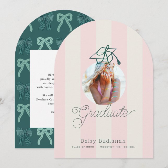 Green Pink Stripes Photo Graduation Announcement (Front/Back)